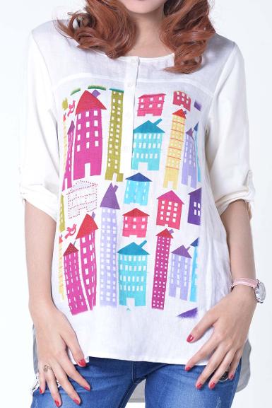 เสื้อลินินหลังต่อผ้ายืด พิมพ์ลายบ้าน (NO.40205)