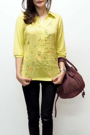 เสื้อลินินหลังผ้ายืดคอปก พิมพ์ลายนกฮูก (NO.40248)