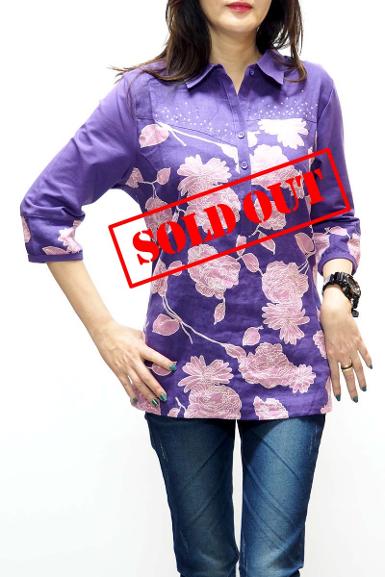 เสื้อลินินหลังผ้ายืดคอปก ลายดอกไม้ (NO.40208)