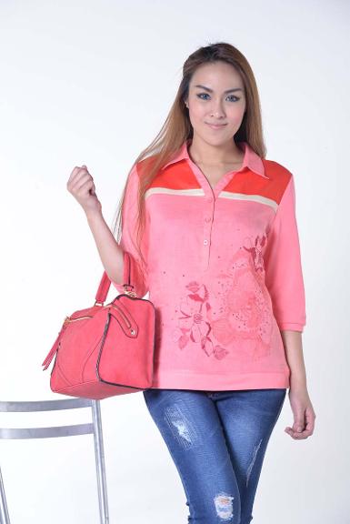 เสื้อลินินหลังผ้ายืดคอปก พิมพ์ลายดอกไม้ (NO.40153)