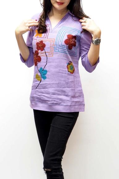 เสื้อลินินหลังผ้ายืดพิมพ์ลายดอกไม้ (NO.40102)