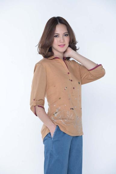 เสื้อลินินหลังผ้ายืดคอปกพิมพ์ลาย (NO.40272)