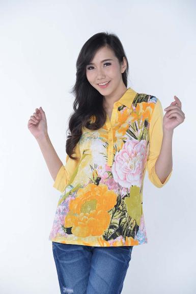 เสื้อลินินหลังผ้ายืด คอปกพิมพ์ลาย (NO.40296)