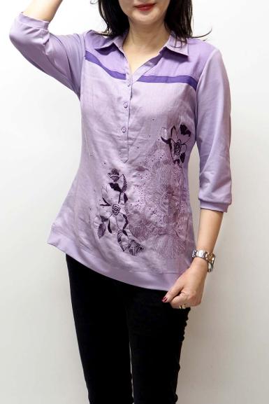 เสื้อลินินหลังผ้ายืดคอปก พิมพ์ลายดอกไม้ (NO.40153)