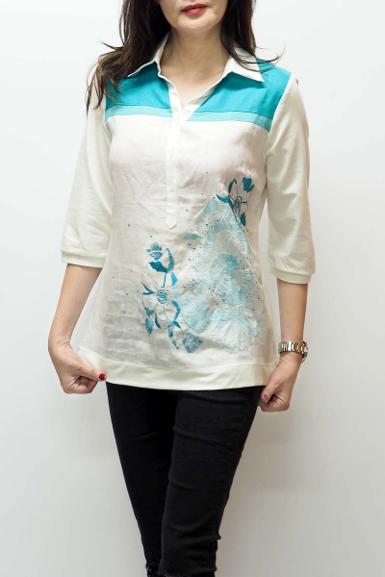 เสื้อลินินหลังผ้ายืดคอปก พิมพ์ลายดอกไม้ (NO.40153)
