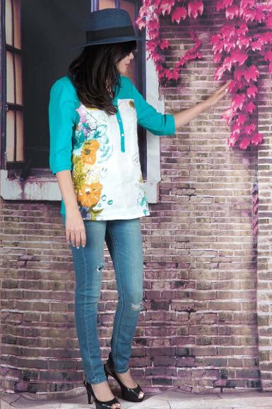 เสื้อลินินหลังต่อผ้ายืดพิมพ์ลาย (NO.40527)