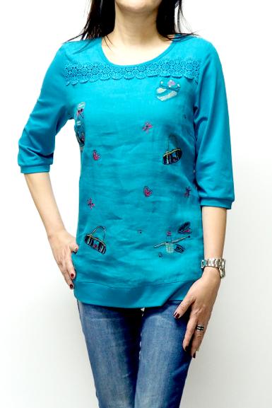 เสื้อลินินหลังต่อผ้ายืดพิมพ์ลาย ( NO.40066)