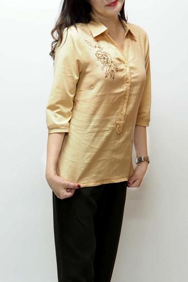 เสื้อลินินหลังผ้ายืด พิมพ์ลายดอกกุหลาบที่หน้าอก ( NO.40348)