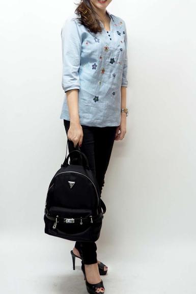 เสื้อลินินหลังผ้ายืดคอปก พิมพ์ลายดอกไม้ (NO.40180)