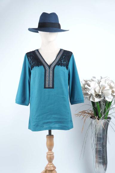 เสื้อลินินหลังต่อผ้ายืดแต่งลูกไม้ (NO.40714)