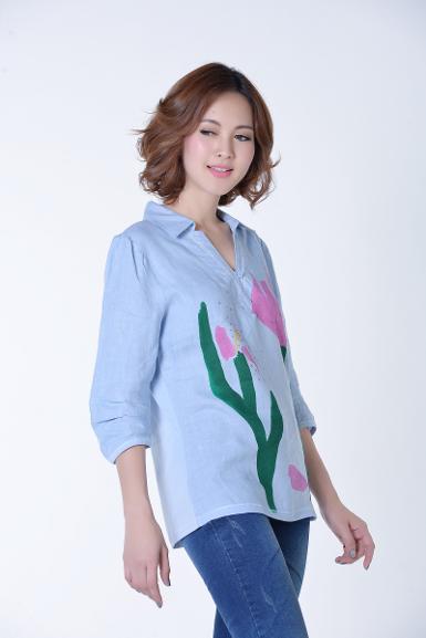 เสื้อลินินหลังผ้ายืดพิมพ์ลายดอกไม้ ( NO.40141 )