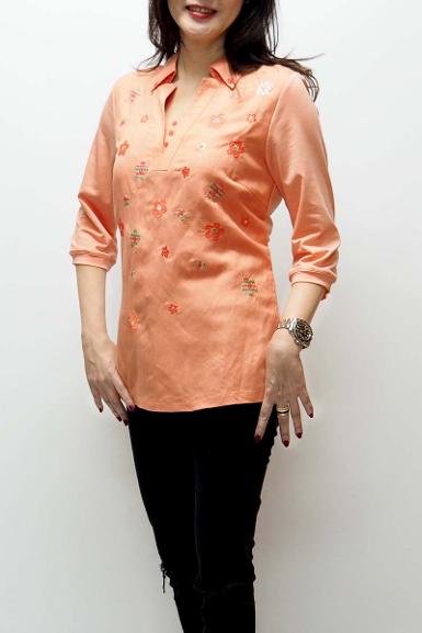 เสื้อลินินหลังผ้ายืดคอปก พิมพ์ลายดอกไม้ (NO.40180)